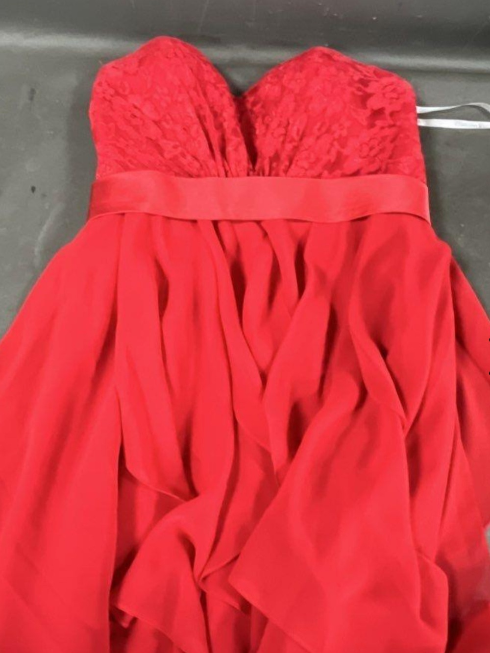 Christina Wu Strapless Red Lace Bodice Chiffon Dress